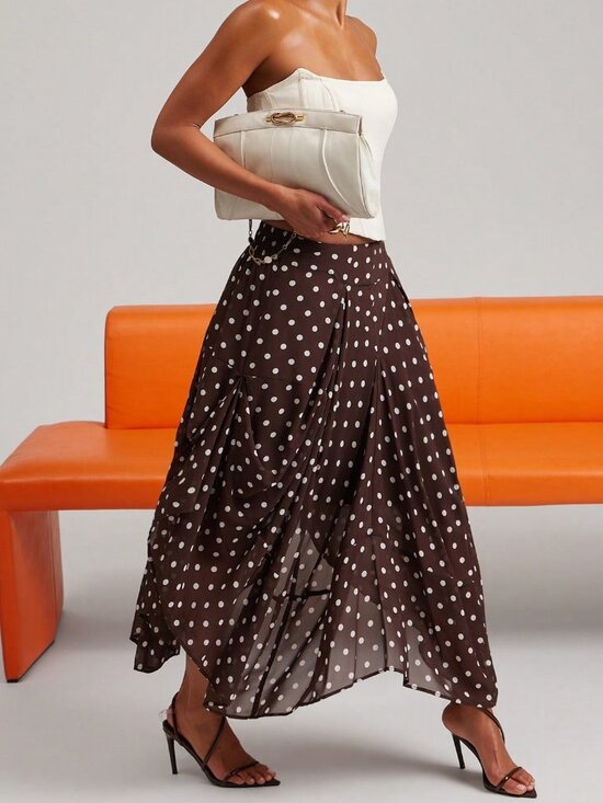 Dresses & Skirts - Multicolor Casual Women's Polka Dot Midi Length Asymmetrical Skirt